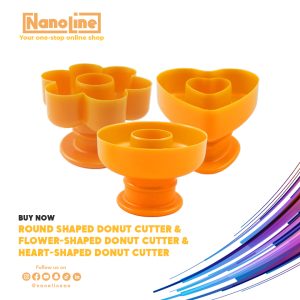 A set of donut cutters of 3 different shapes, Round, heart and flower